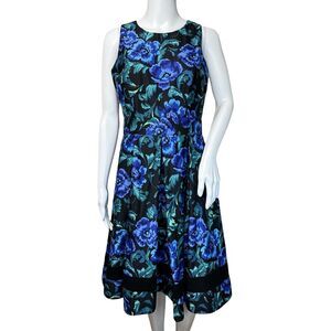 Eliza J Dress Womens 6 Black Blue‎ Floral Flower Fit Flare Cut Out Back Feminine